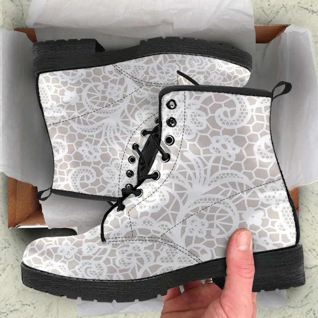Combat Boots - White Lace Print #110 | Women's Boots, Custom Shoes, Aesthetic Shoes, Sorority Shoes, Vegan Leather, Vegan Shoes, 90s Boots