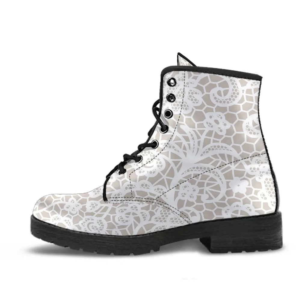 Combat Boots - White Lace Print #110 | Women's Boots, Custom Shoes, Aesthetic Shoes, Sorority Shoes, Vegan Leather, Vegan Shoes, 90s Boots