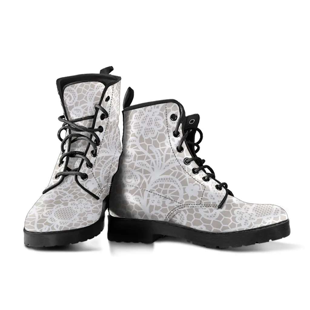 Combat Boots - White Lace Print #110 | Women's Boots, Custom Shoes, Aesthetic Shoes, Sorority Shoes, Vegan Leather, Vegan Shoes, 90s Boots