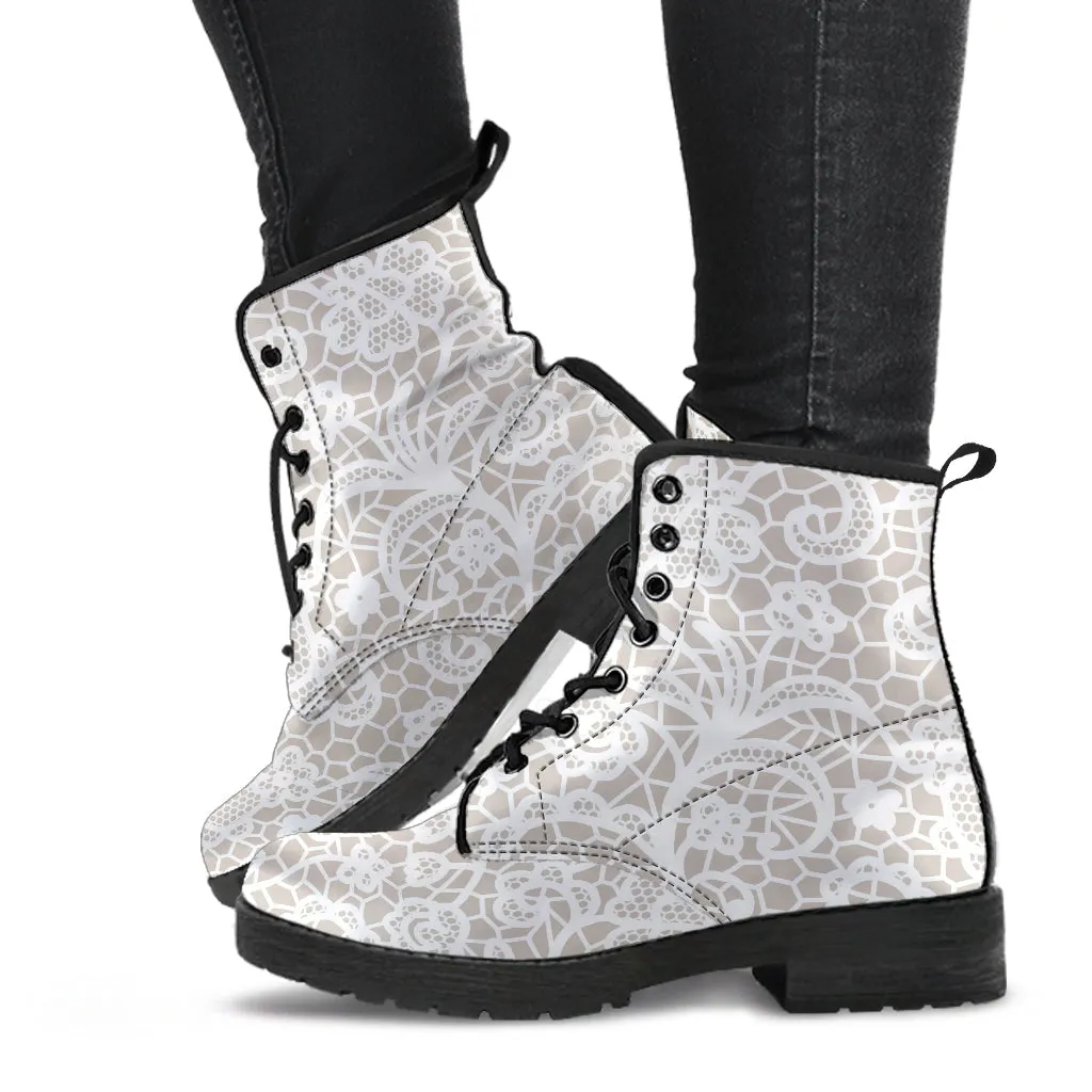 Combat Boots - White Lace Print #110 | Women's Boots, Custom Shoes, Aesthetic Shoes, Sorority Shoes, Vegan Leather, Vegan Shoes, 90s Boots
