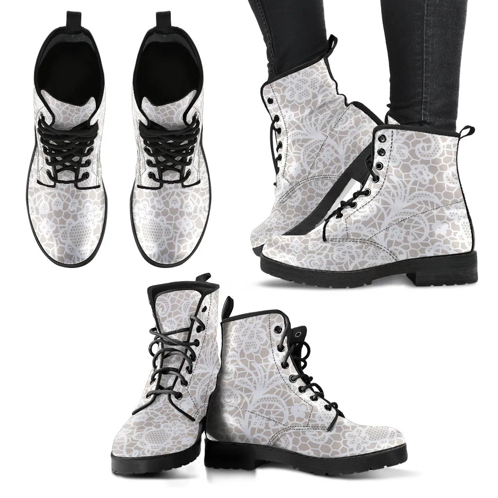 Combat Boots - White Lace Print #110 | Women's Boots, Custom Shoes, Aesthetic Shoes, Sorority Shoes, Vegan Leather, Vegan Shoes, 90s Boots