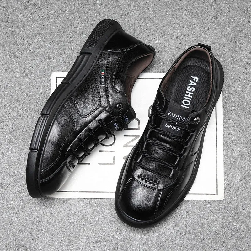 Hnzxzm Fashion Brand Footwear Men Genuine Leather Shoes Young Mens Casual Shoes Cow Leather Male Footwear Soft Black A4387