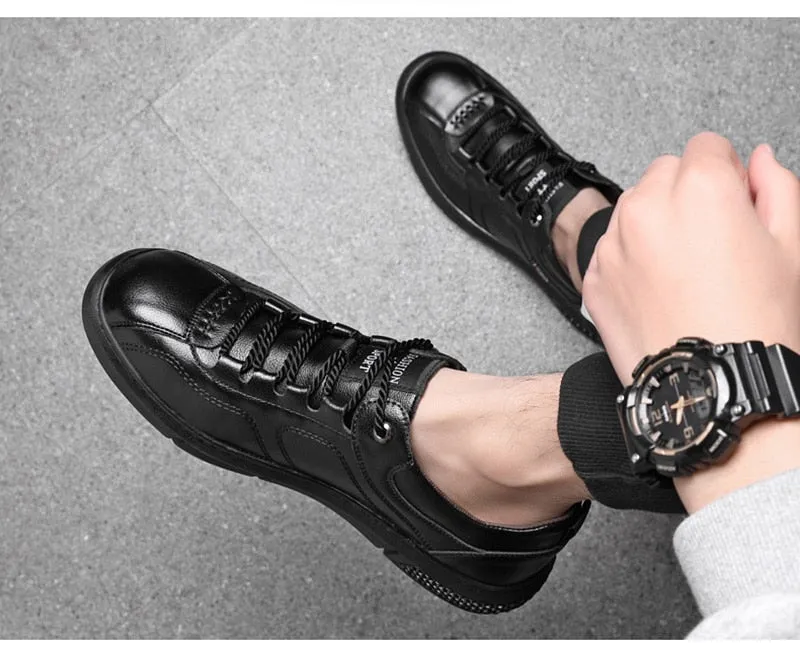 Hnzxzm Fashion Brand Footwear Men Genuine Leather Shoes Young Mens Casual Shoes Cow Leather Male Footwear Soft Black A4387