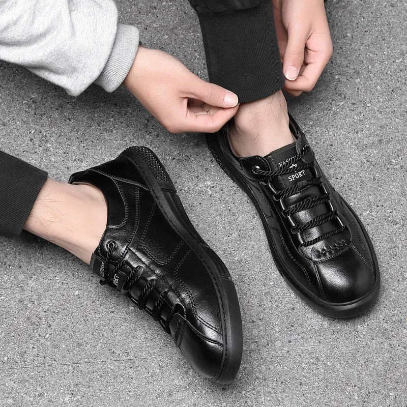 Hnzxzm Fashion Brand Footwear Men Genuine Leather Shoes Young Mens Casual Shoes Cow Leather Male Footwear Soft Black A4387