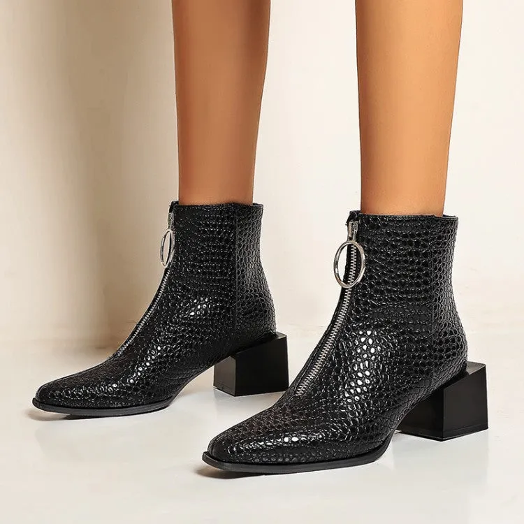 Women's Snake Printed Pu Leather Zippers Pointed Toe Block Chunky Heel Short Boots